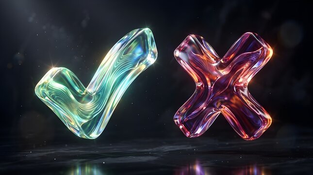Crystal-like glowing checkmark and cross mark symbolize choice, decision, and evaluation