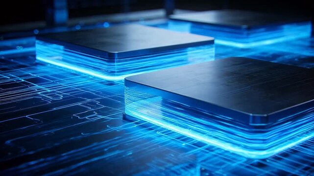 Metallic rectangular modules arranged in rows with blue glowing lines and grid structure