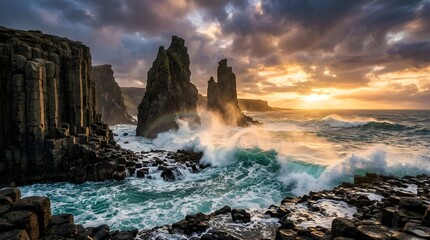 Fototapeta premium Dramatic rocky coastline at sunset with crashing waves and golden light