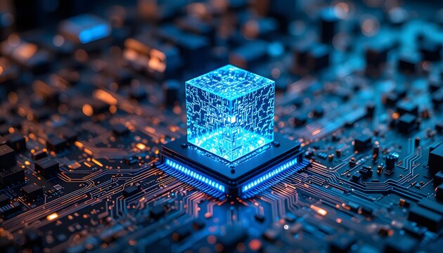 futuristic quantum computing technology background with glowing transparent cube on motherboard