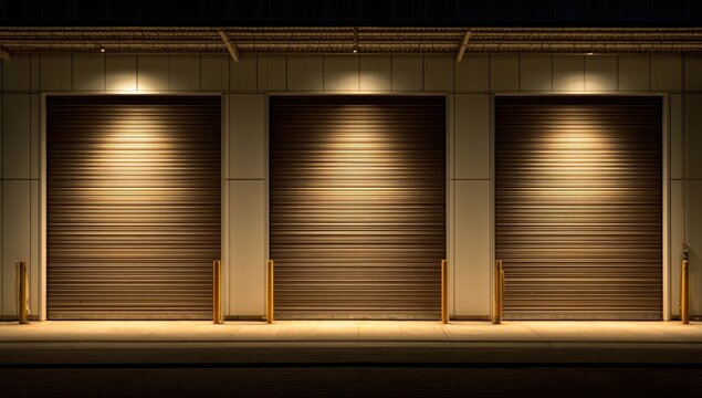 Three large, closed loading dock doors illuminated by warm spotlights at night