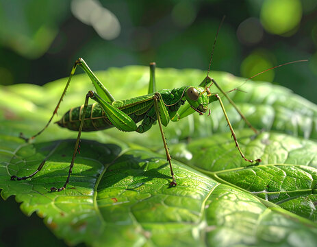 Green insect on leaf macro