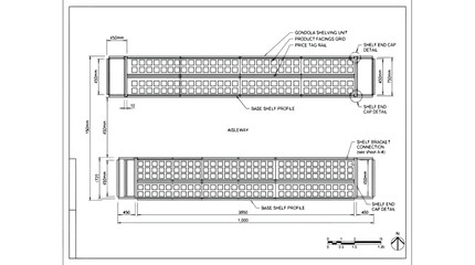 Technical drawing of retail shelving units with dimensions and labels for aisle and components gondola shelving © Kosain