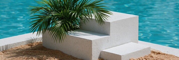 Obraz premium Minimal concrete podium steps by a turquoise pool on a sandy terrace with palm leaves for summer product display background and modern design