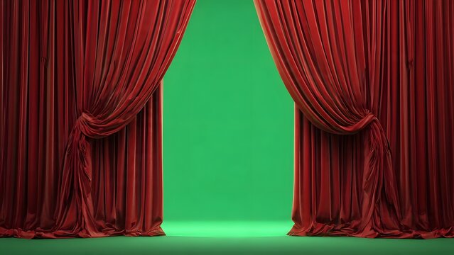 Theatrical Stage with Red Curtains and Green Screen Background.