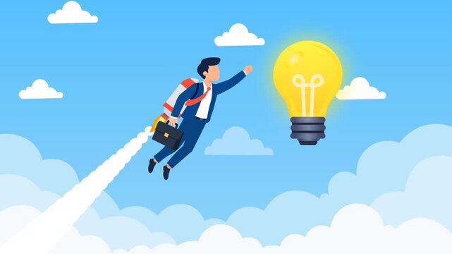 Business Man Ambition Concept.  Cartoon Style Male Flying With Rocket Jetpack Moving Toward Glowing Light Bulb Above Clouds and Blue Sky. Flat Design Amazonian. Reaching Bright Idea 