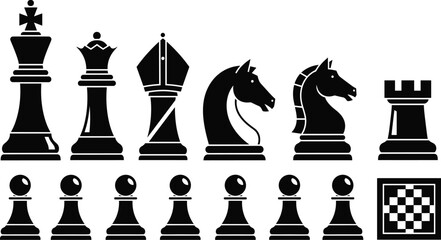 Black Chess Pieces Vector Icon Set Featuring King Queen Bishop Knight Rook Pawns and Minimalist Grid Board Layout Symbols for Strategy Game Designs © Shilpi