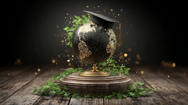 Black and gold globe with a graduation cap on a wooden surface surrounded by green ivy leaves