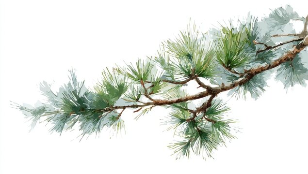 A delicate watercolor of a pine branch with vibrant green needles