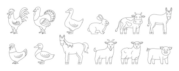 Fototapeta premium Farm animals doodle silhouette set. Black hand drawn livestock icons collection. Vector illustration isolated on white background