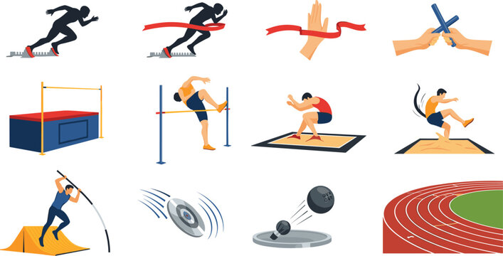 Track and Field Athletics Sport Icon Set Featuring Sprinting Runners Relay Baton Handover High Jump Long Jump Pole Vault Discus Throw Shot Put and Running Track Elements