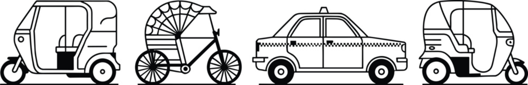 Collection of Indian Auto Rickshaws and Cycle Rickshaw Line Art transportation