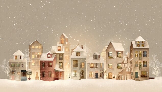 Charming snow-covered town with illuminated windows under soft snowfall