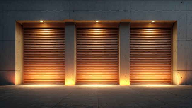 Industrial building facade with three illuminated roller doors at night
