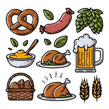 Oktoberfest Food and Beer Doodle Clipart Set with Pretzel, Sausage, Hops and Mug