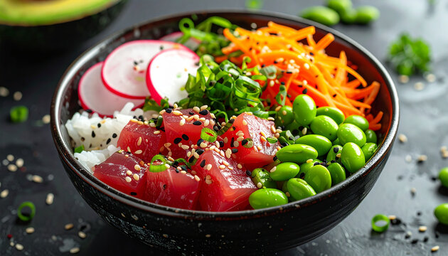 Healthy poke bowl fresh ingredients