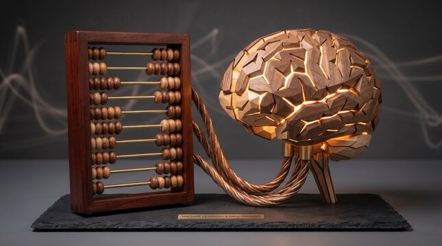 Machine learning and data training concept.
Antique wooden abacus connected by cables to a glowing geometric brain.
16:9