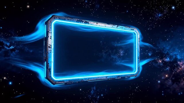 Blue neon rectangular frame with worn texture floating in starry space with energy effects
