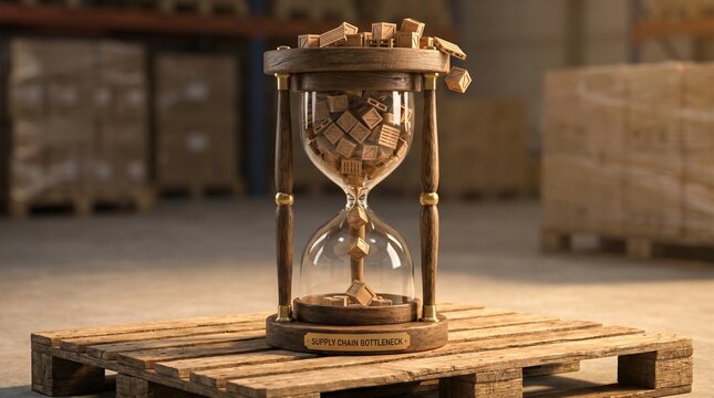 Supply Chain Bottleneck concept with wooden blocks flowing slowly through an hourglass on a pallet, 3D render illustration.
16:9