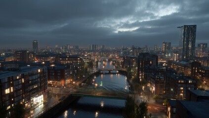 Obraz premium Cityscape at Dusk with Illuminated Buildings and Dramatic Sky.