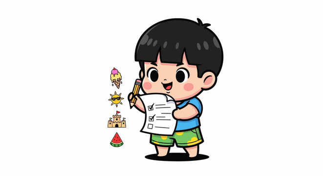 Happy cartoon boy holding graded test paper with stars.