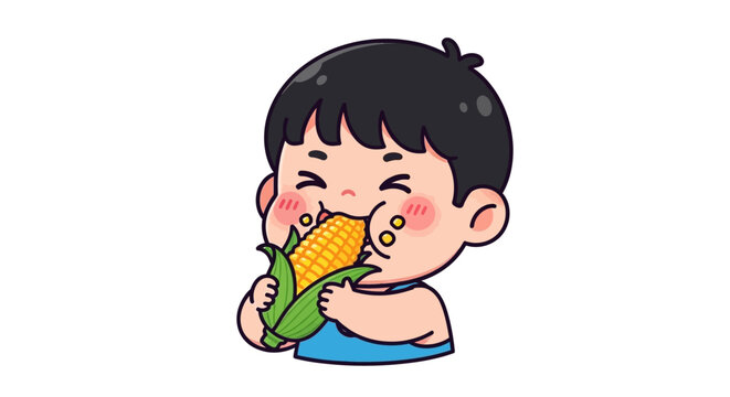Cute cartoon boy happily eating fresh corn on cob.