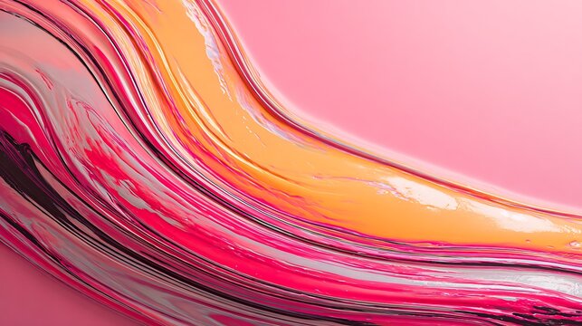 Close up of thick liquid paint swirls in shades of pink orange and white on a smooth surface