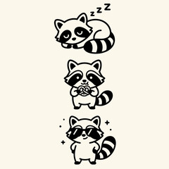 Raccoon cartoon characters in different poses. © logo