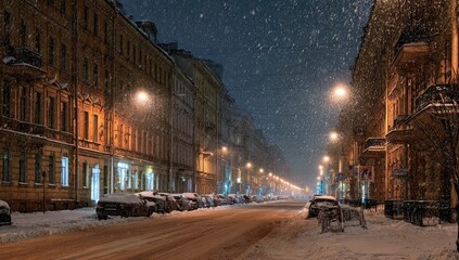 Obraz premium Snowy urban street at night, lined with illuminated buildings and parked cars