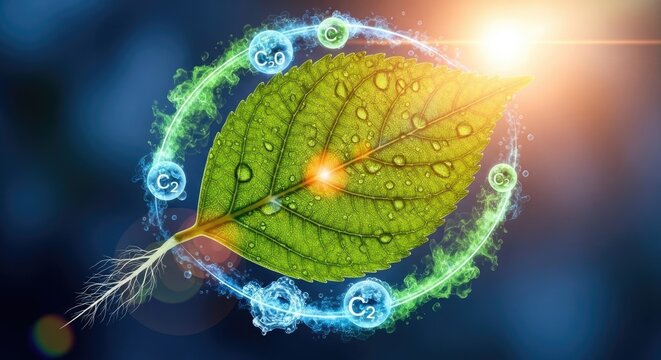 Green leaf absorbing sunlight, converting carbon dioxide and water into oxygen and glucose, illustrating vital plant photosynthesis, cellular energy transformation, essential biological life process.