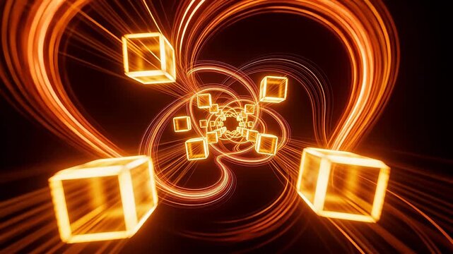 Floating glowing yellow cubes with rotating light stripes in dark sci-fi space