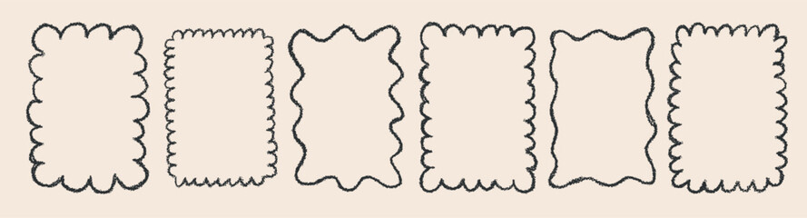 Fototapeta premium Set of groovy zigzag wavy frame. Rectangular shapes with curvy and jagged borders. Art scallop line elements. Squiggle funky Y2k outline