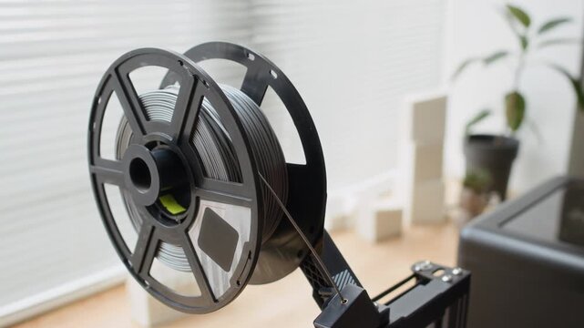 Close up tilt down shot of spool of gray filament mounted on 3D printer on wooden desk in modern classroom workspace