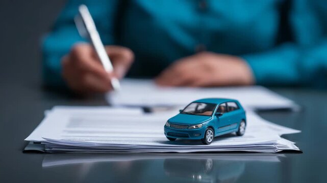 Car insurance documents with miniature vehicle and person signing contract, auto loan, vehicle purchase, protection policy and transportation finance concept. car insurance