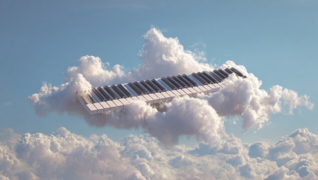 Surreal Piano Keyboard Floating Amongst Dreamy Clouds in Sky.