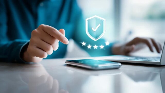 Customer satisfaction concept with glowing checkmark badge and rating stars, service quality, trust, positive review, business reputation and approval symbol. customer satisfaction