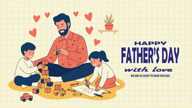 Father's Day banner in a modern flat style. Father sitting and hugging children, symbolizing love, care and strong family bond. Suitable for holiday greeting, print and social media design. Vector
