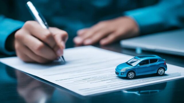 Car insurance documents with miniature vehicle and person signing contract, auto loan, vehicle purchase, protection policy and transportation finance concept. car insurance