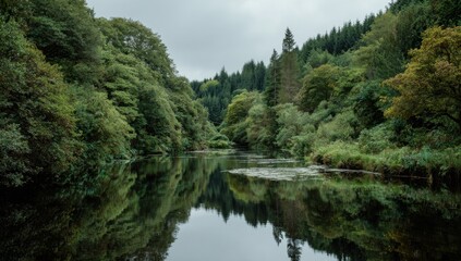 Obraz premium Serene Forest Lake Reflecting Lush Green Trees Under Cloudy Sky.