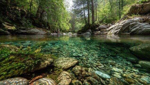 Crystal clear mountain stream flowing over colorful rocks with lush green forest