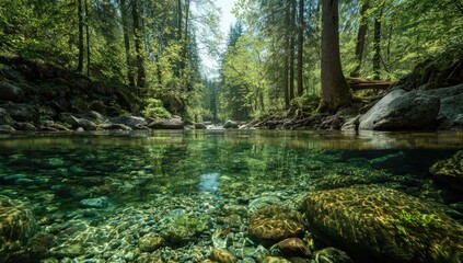Fototapeta premium Lush forest with crystal-clear stream, sun-dappled trees, and rocky banks