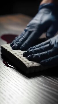 Gloved hands cleaning up spill with absorbent pad.