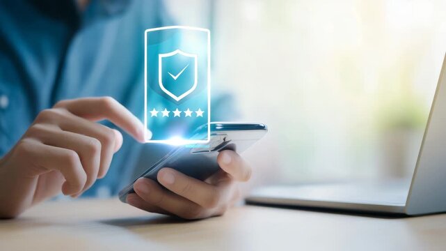 Digital security concept with smartphone shield icon and customer rating, online protection, trusted service, secure app, fintech safety and verification. digital security