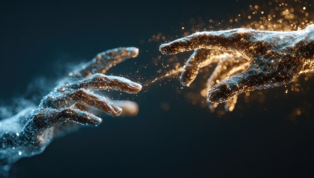 Two glowing hands reaching towards each other, ethereal particles swirling