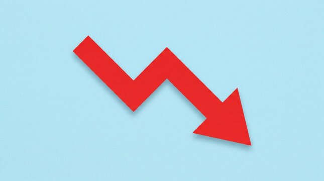 Red Arrow Down: A bold red arrow sharply points downwards, symbolizing a decline in market trends, financial loss, or a negative trajectory.