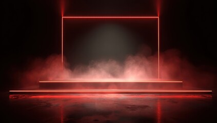 Naklejka premium Abstract Red Neon Stage with Smoke and Fog.
