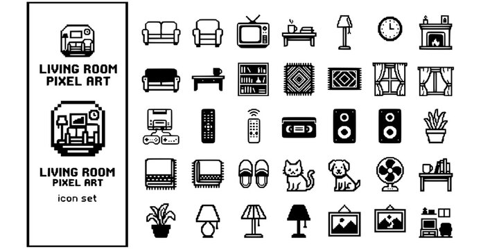 Living Room Pixel Art Black White-Blocky Sofa Television Coffee Table-Retro Home Vector-Living Icon Pixel-Furniture Design Set