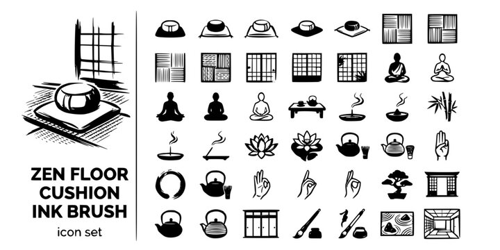Zen Floor Cushion Ink Brush Black White-Zafu Tatami Shoji Screen-Japanese Interior Vector-Cushion Icon Ink-Furniture Design Set