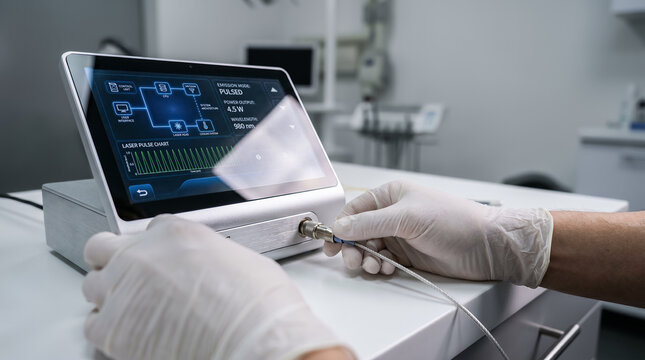 Biomedical technical specialist connecting fiber optic cable into socket of compact dental laser console machine. Engineer technician calibration therapy device medical diagnostic equipment copy-space