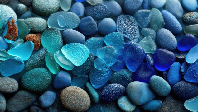 Close-up of Smooth Blue and Teal Sea Glass and Pebbles.